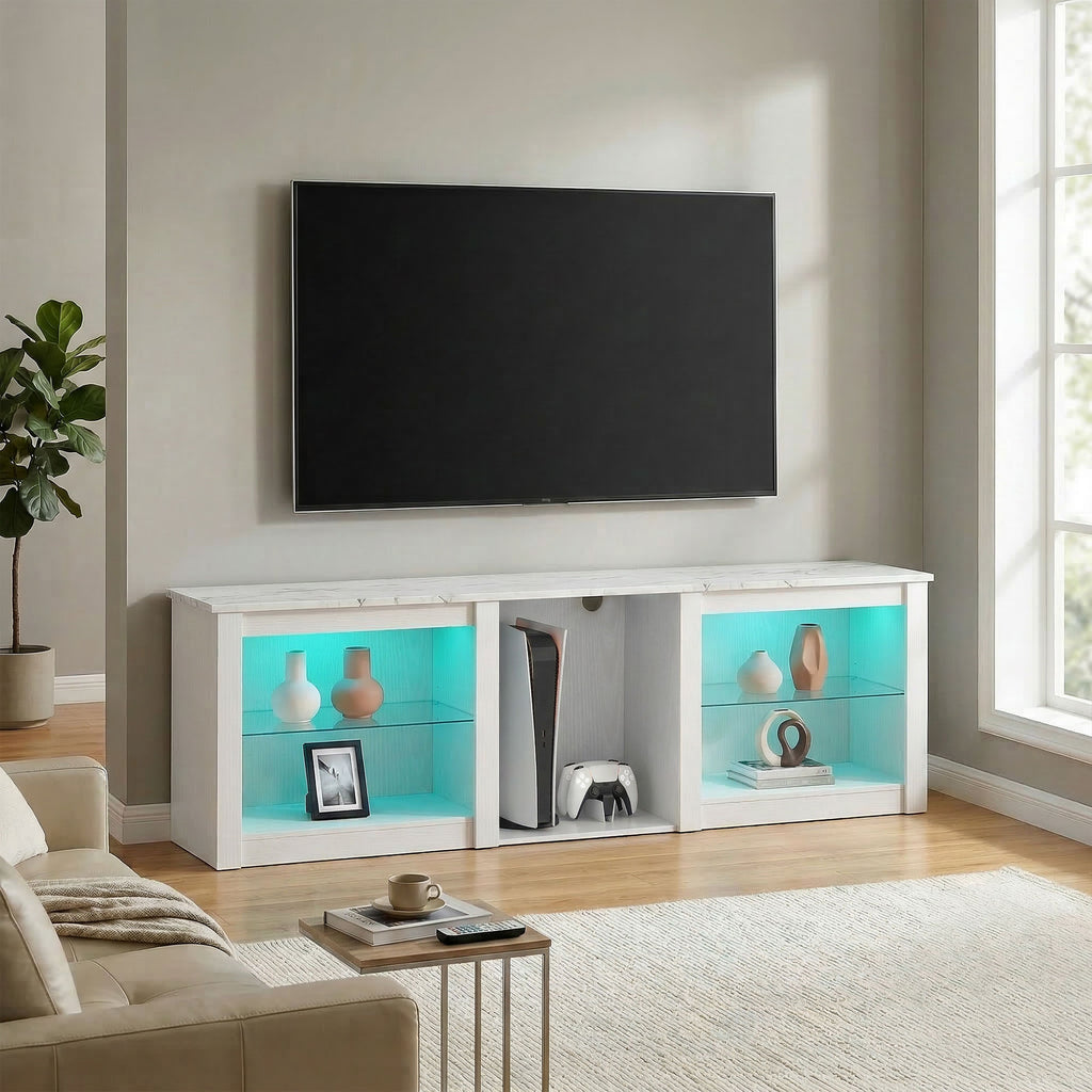 70in TV Stand, with LED Lights and Storage - White