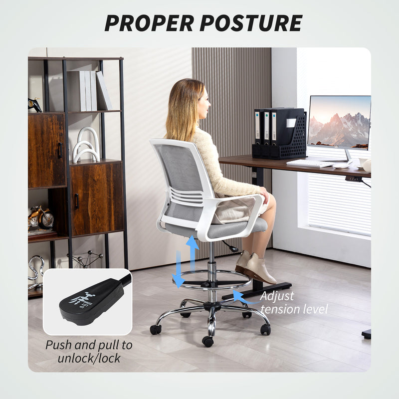 HOMCOM Draughtsman Chair, Mesh Drafting Chair, Ergonomic Office Chair with Lumbar Support, Adjustable Foot Ring, Grey – view 5