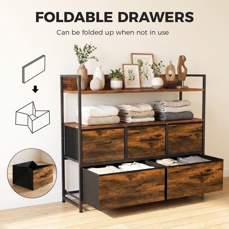 HOMCOM Chest of Drawers, Bedroom Fabric Dresser with 5 Drawers, Storage Organiser Unit with Open Shelves, Rustic Brown – view 6