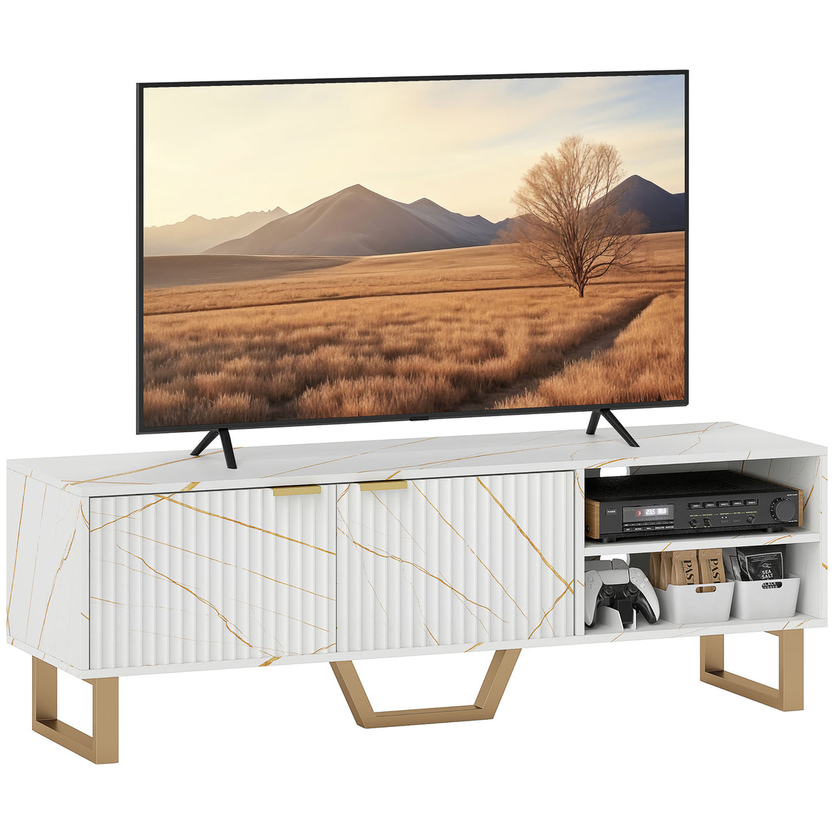 140 cm Marble-Effect TV Unit with Fluted Cupboard – White
