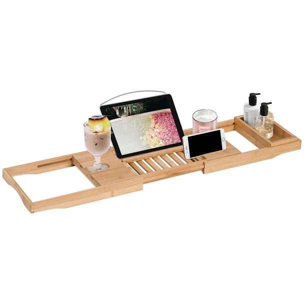 Extendable bamboo bath caddy tray with book stand, wine glass holder and soap dish across a bathtub