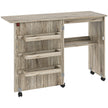 Grey wood-effect folding sewing table with drop leaf, three storage bins, open shelf and wheels