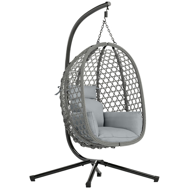 Outsunny Hanging Egg Chair, Indoor Outdoor Rattan Hammock Swing Chair with Stand, Safety Strap, Foldable Basket, Dark