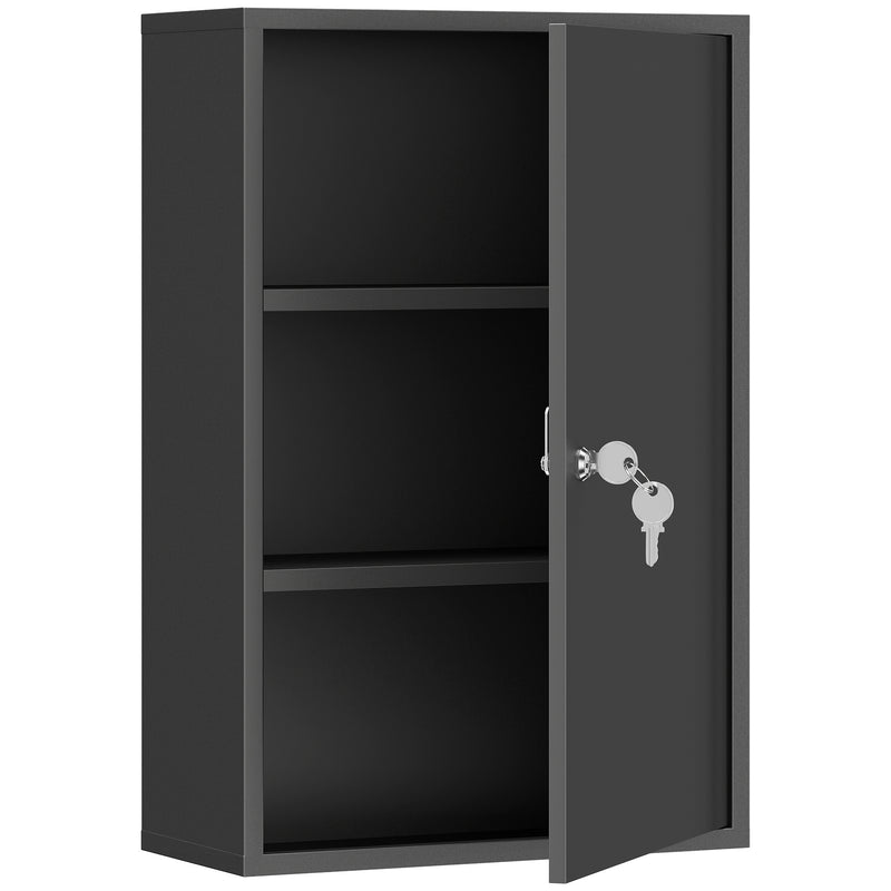Black lockable steel wall-mounted medicine cabinet with three shelves and two keys
