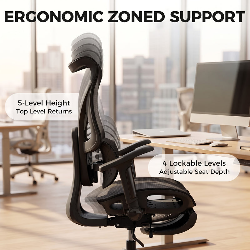 HOMCOM Ergonomic Office Chair with Lumbar Support, Mesh Reclining Desk Chair with Footrest, Adjustable High Back, Black – view 4