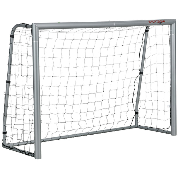 Grey 8 x 5 ft steel football goal with net set up on a garden lawn