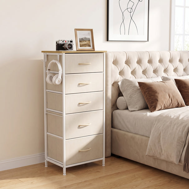 HOMCOM Chest of Drawers, Dresser with 5 Fabric Drawers, Tall Storage Unit with 4 Pockets and 2 Hooks Steel Frame, Beige – view 2