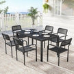 Outsunny Garden Dining Set for 6, Faux Wood Metal Outdoor Table and Stackable Chairs with Plastic Rattan Effect Seat – view 10