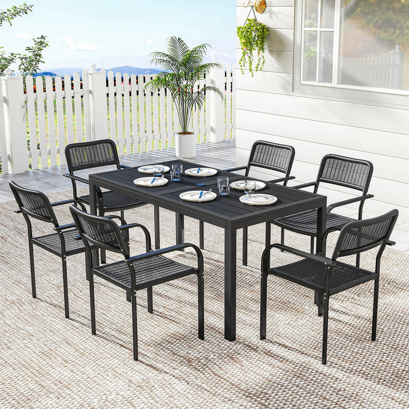 Outsunny Garden Dining Set for 6, Faux Wood Metal Outdoor Table and Stackable Chairs with Plastic Rattan Effect Seat – view 10