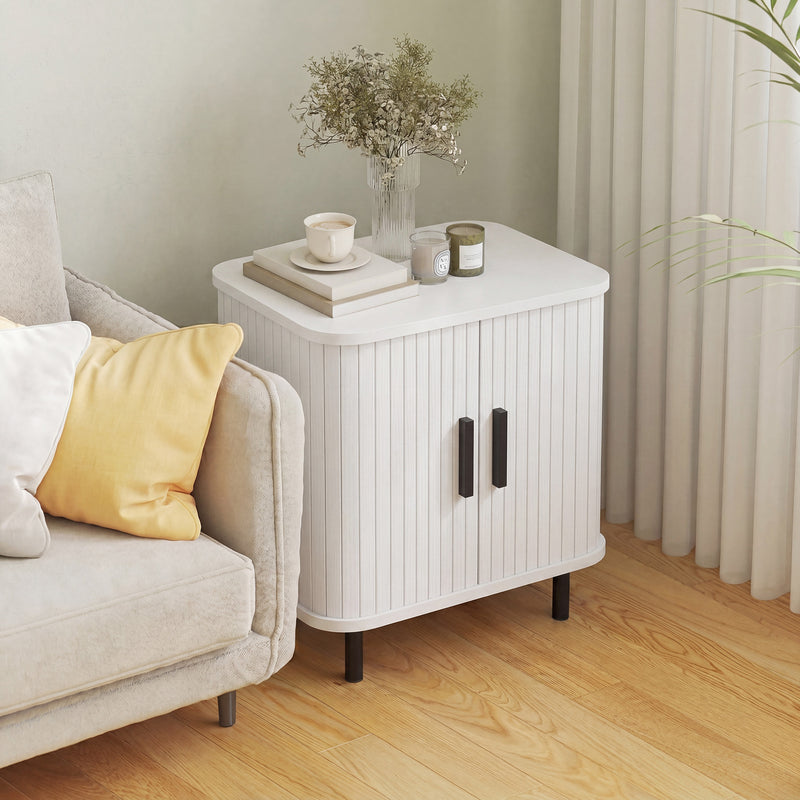 HOMCOM Nightstand with Sliding Doors and Metal Legs White Wood Effect – view 8
