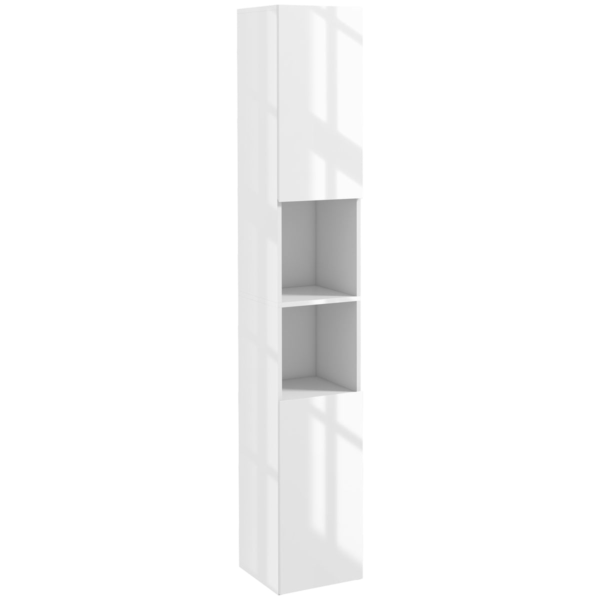 High gloss white tall bathroom cabinet with two cupboards and open middle shelves