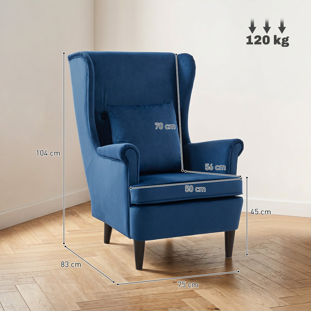 Modern Accent Chair with High Backrest and Pillow, Velvet-Feel Fabric Reading Chair with Solid Wood Legs, Blue