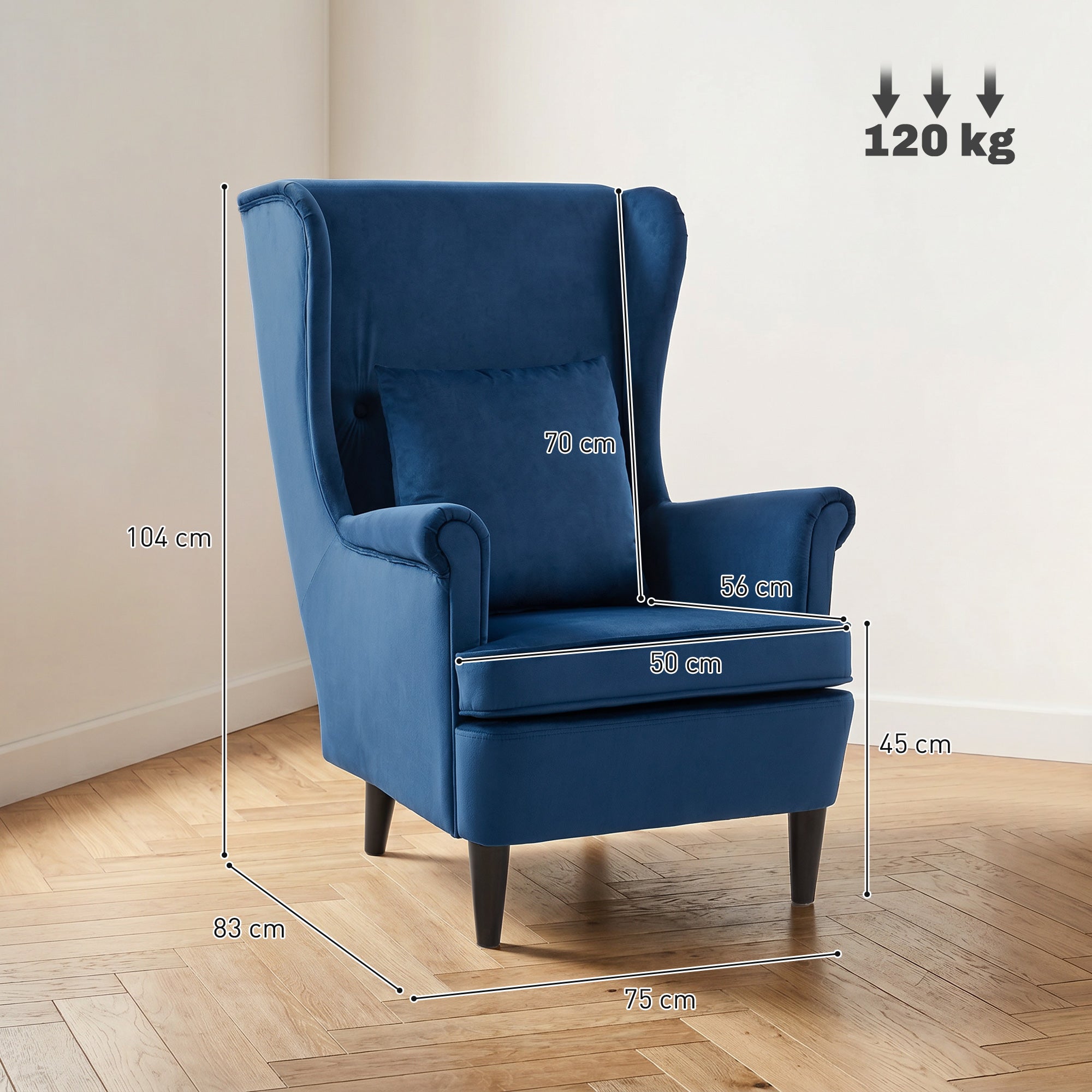 Modern Accent Chair with High Backrest and Pillow, Velvet-Feel Fabric Reading Chair with Solid Wood Legs, Blue