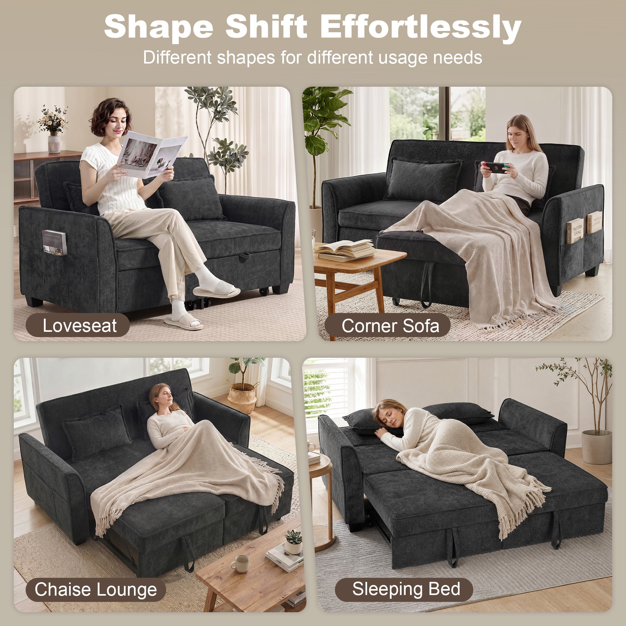 2 Seater Sofa Bed, 4-in-1 L-Shaped Convertible Pull-Out Sleeper Sofa with Adjustable Backrest and Side Pockets, Black