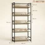 Bookshelf 5-Tier Metal Frame Bookcase Storage Shelves for Living Room Oak