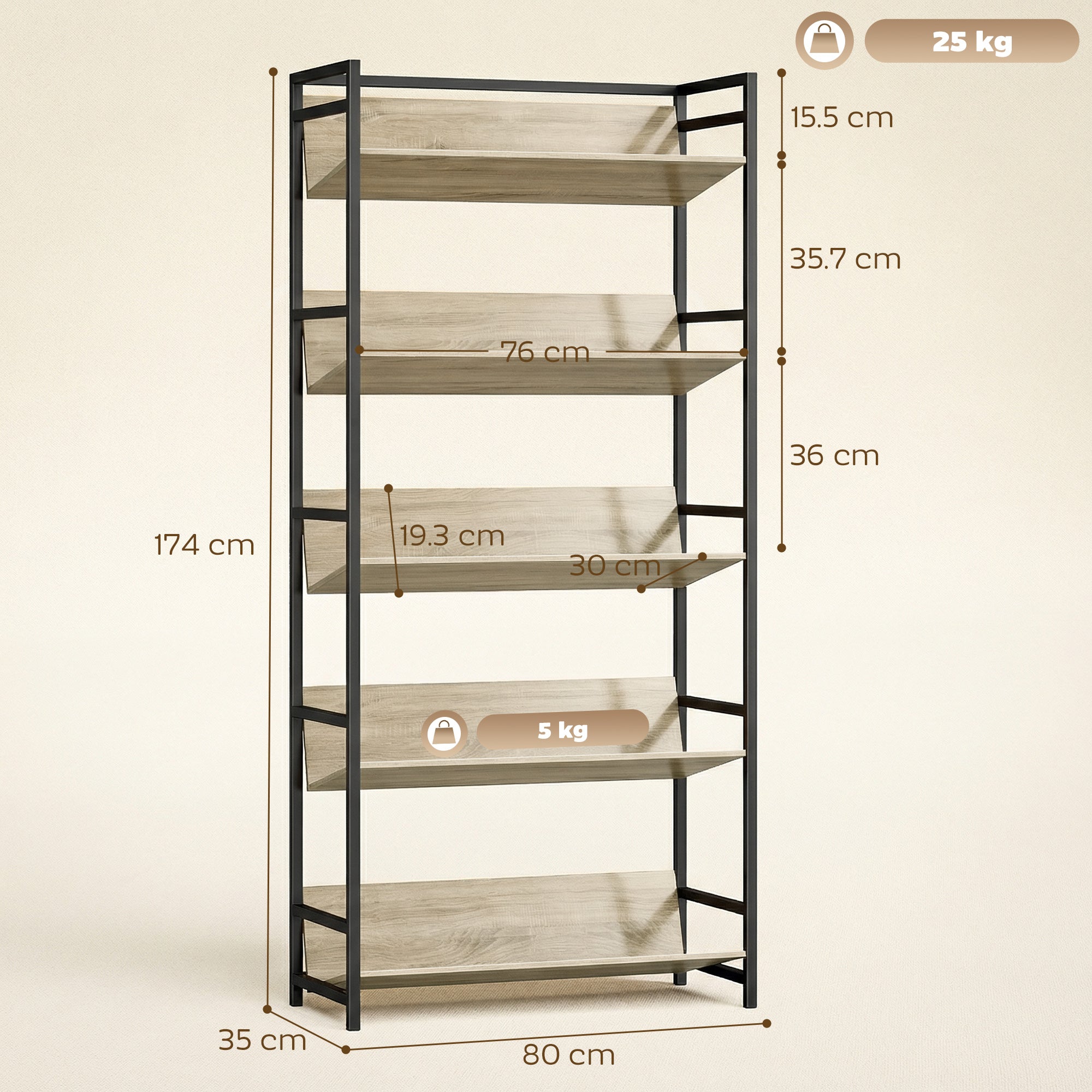 Bookshelf 5-Tier Metal Frame Bookcase Storage Shelves for Living Room Oak