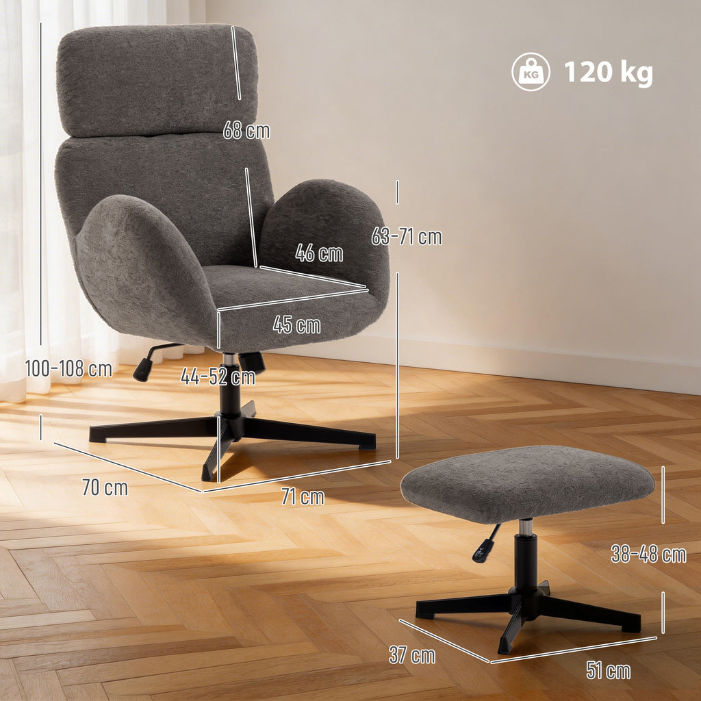 Swivel Armchair and Footstool Set, Height Adjustable Accent Chair with Adjustable Headrest, Rocking Function, Grey