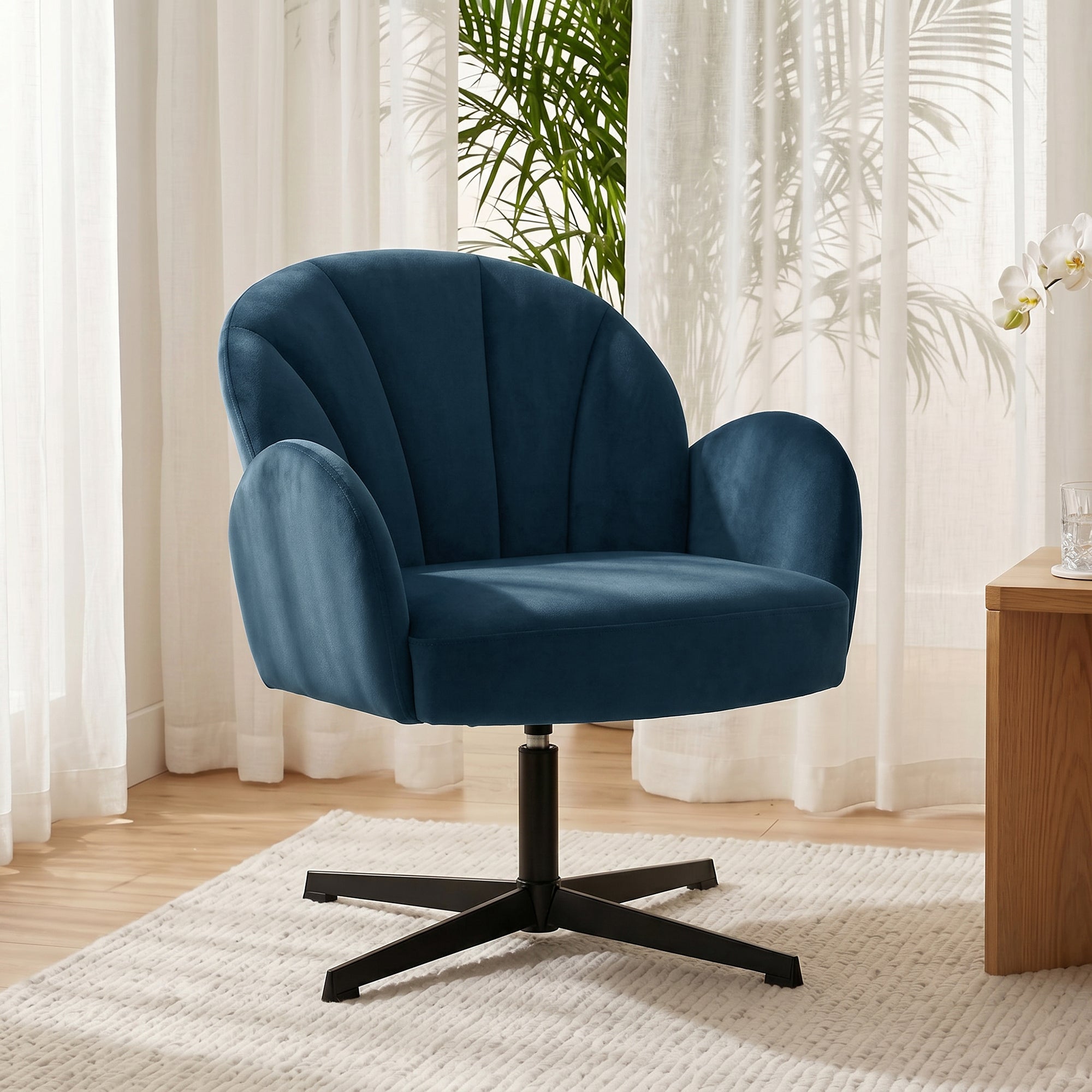Swivel Accent Chair, Shell-Shaped Armchair with Spring Cushion, Metal Base, Dark Blue