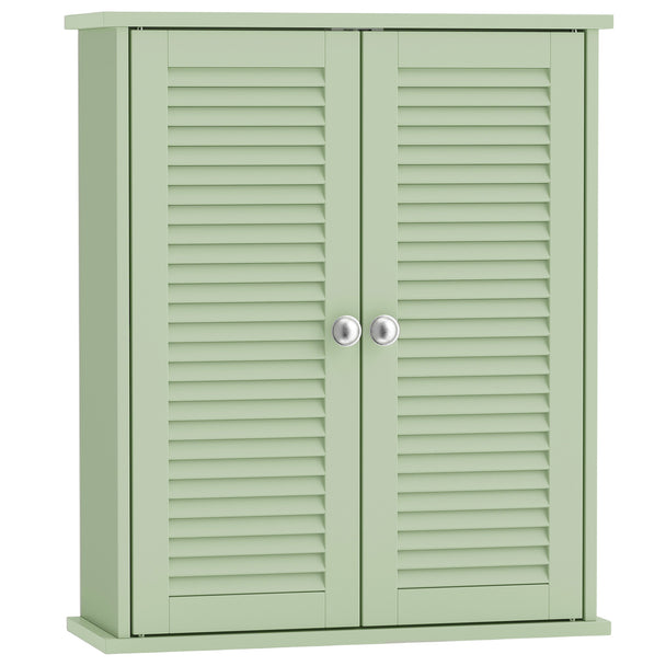 Light green wall-mounted bathroom cabinet with louvered double doors and adjustable shelf