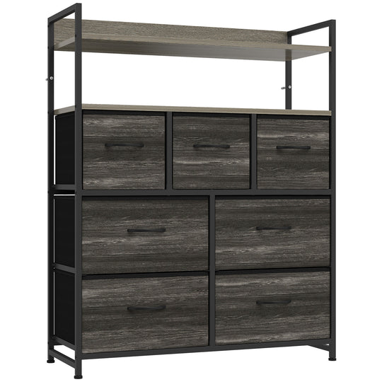 HOMCOM Chest of Drawers, Bedroom Fabric Dresser with 7 Drawers, Storage Organiser Unit with Open Shelves, Grey