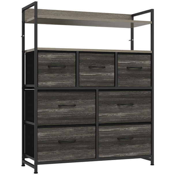 HOMCOM Chest of Drawers, Bedroom Fabric Dresser with 7 Drawers, Storage Organiser Unit with Open Shelves, Grey