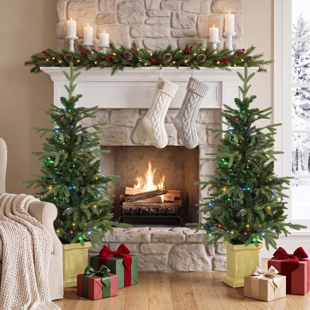 HOMCOM Set of 2 Prelit Christmas Trees with Dual-Colour LEDs, Remote, 4ft Artificial Aspen Fir Battery-Operated, 11 – view 2