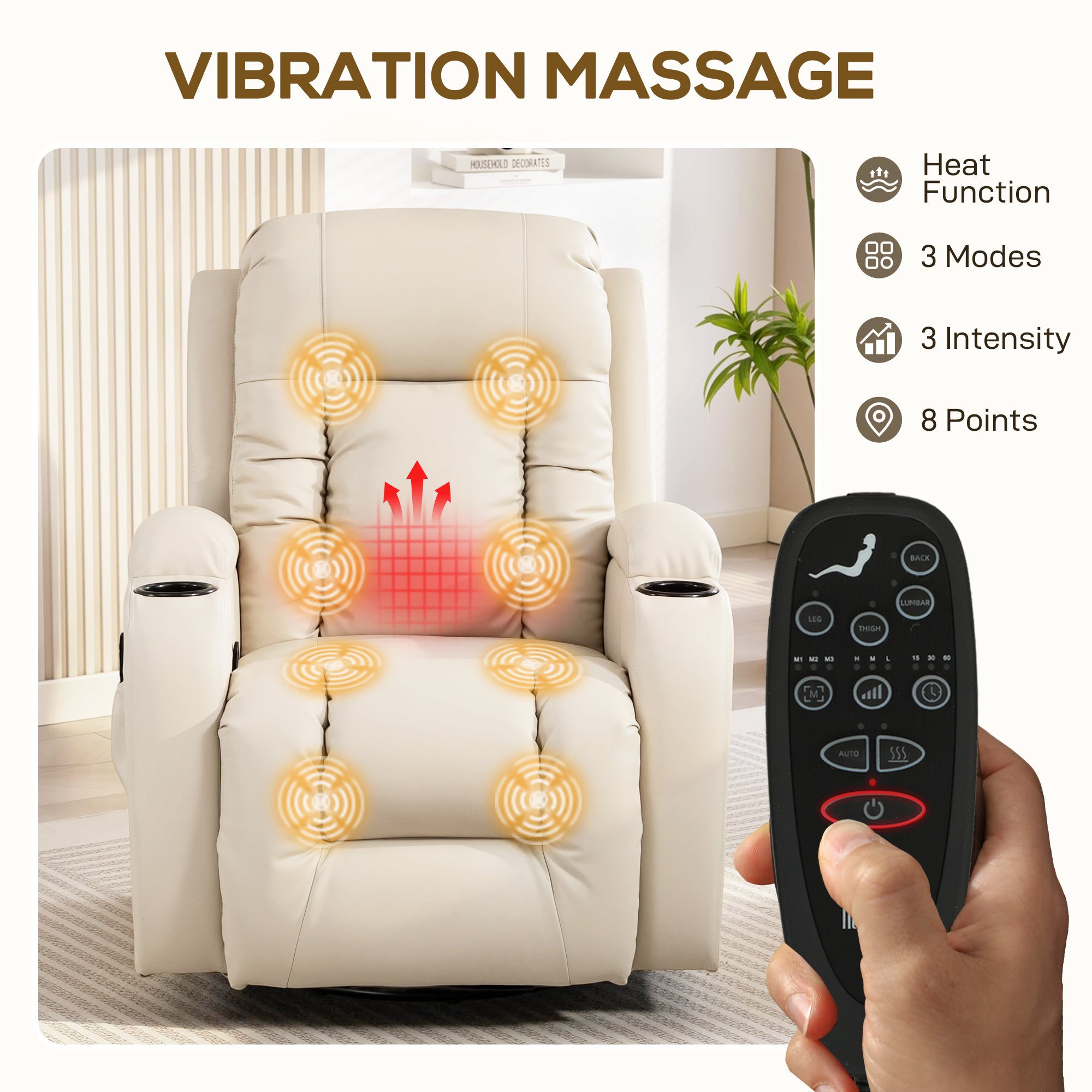 PU Leather Recliner Chair, Recliner Armchair with Extended Footrest, Cup Holders and Side Pockets, Cream