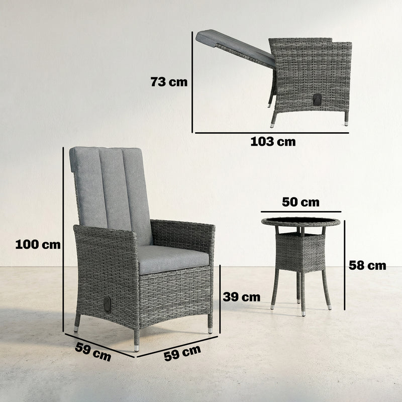 Outsunny Rattan Bistro Set, Reclining Garden Chairs and Glass Coffee Table with Cushions for Patio Balcony Porch, Grey – view 3