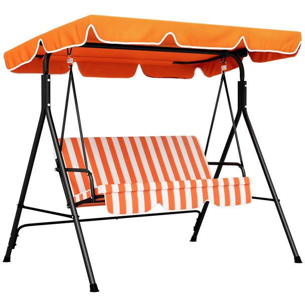 Orange striped 3-seater garden swing seat with adjustable canopy and high-back cushion