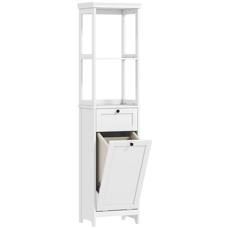 Tall white bathroom cabinet with tilt-out laundry basket, drawer and open shelves