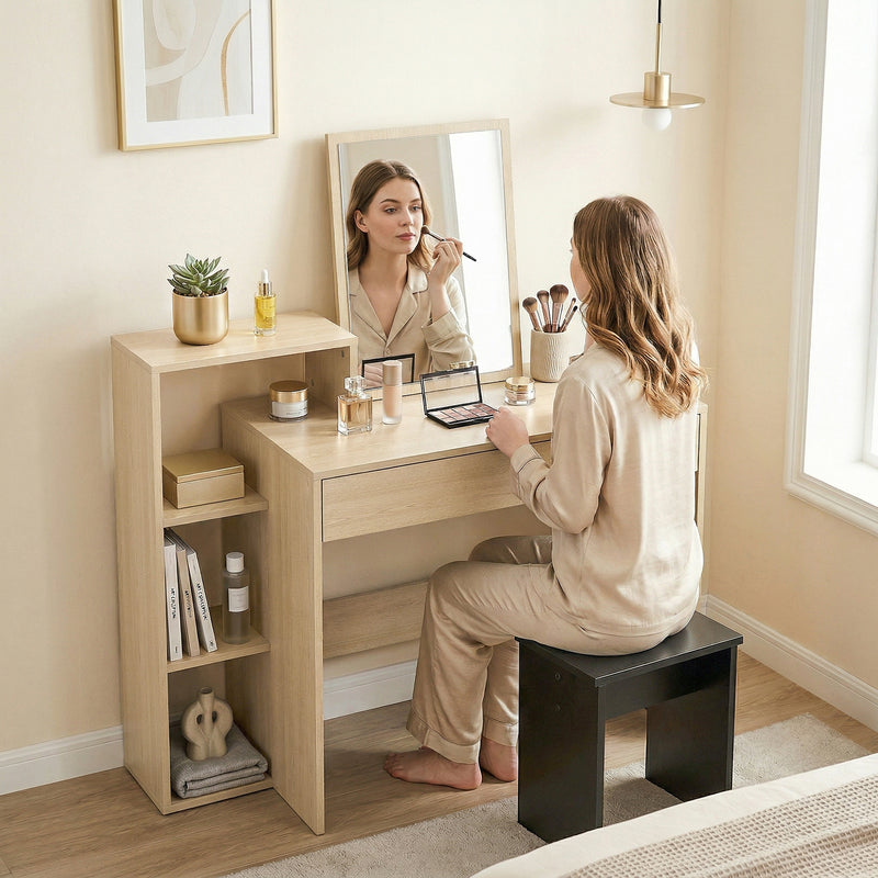 HOMCOM Desk with Storage, Computer Desk with 3 Open Shelves and Drawer, Workstation, Computer Table, Natural – view 8