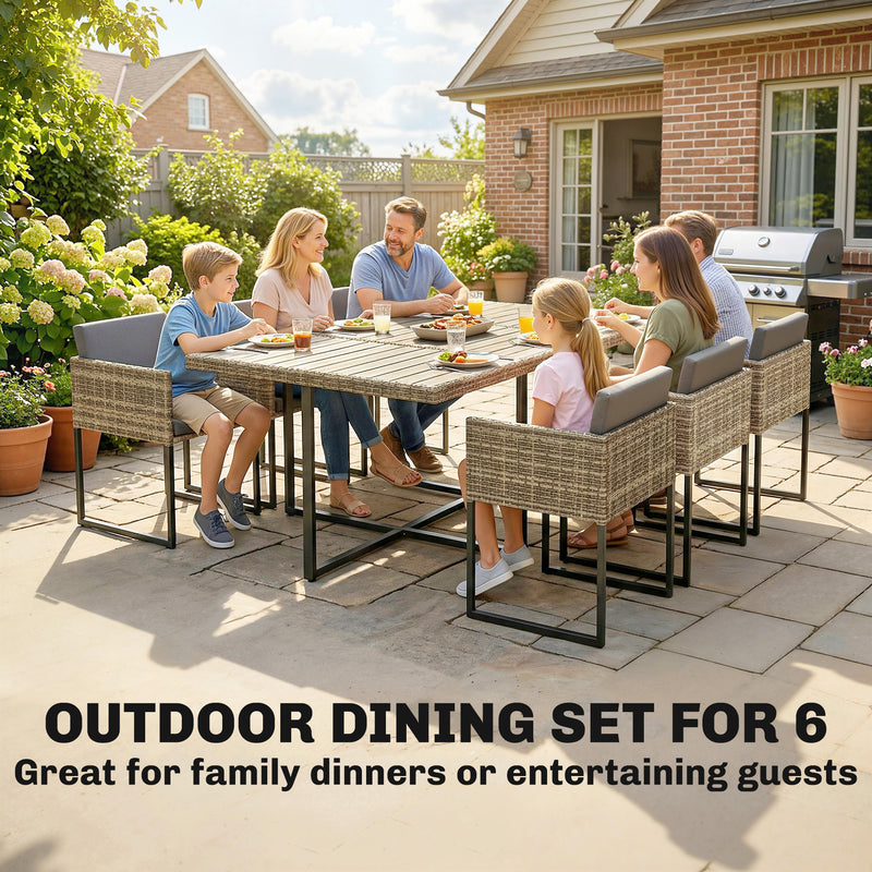 Outsunny 7 Piece Rattan Garden Furniture Set, Garden Dining Set with Wood-Plastic Table and 6 Stackable Chairs, Light – view 4