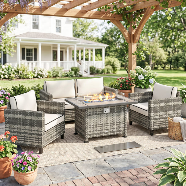 Rattan sofa set with gas fire pit table – image 2