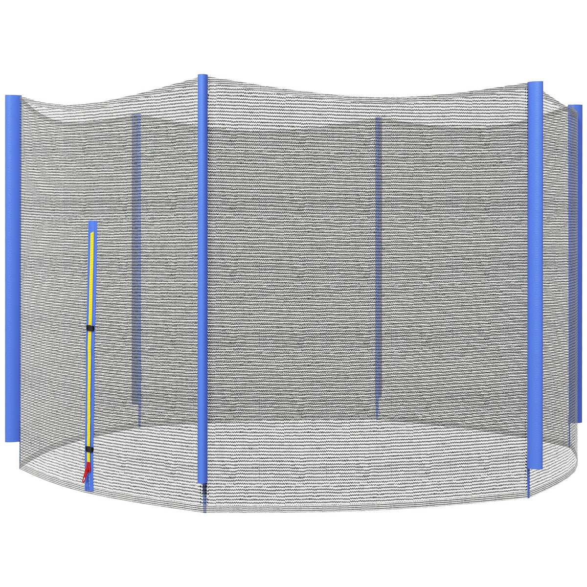 Blue and black 10ft trampoline replacement net with pole covers and zipped entrance
