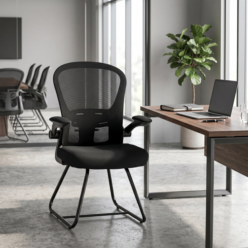 HOMCOM Reception Chair, Conference Meeting Office Chair with Flip-up Armrest, Mesh Backrest, Lumbar Support and Metal – view 2