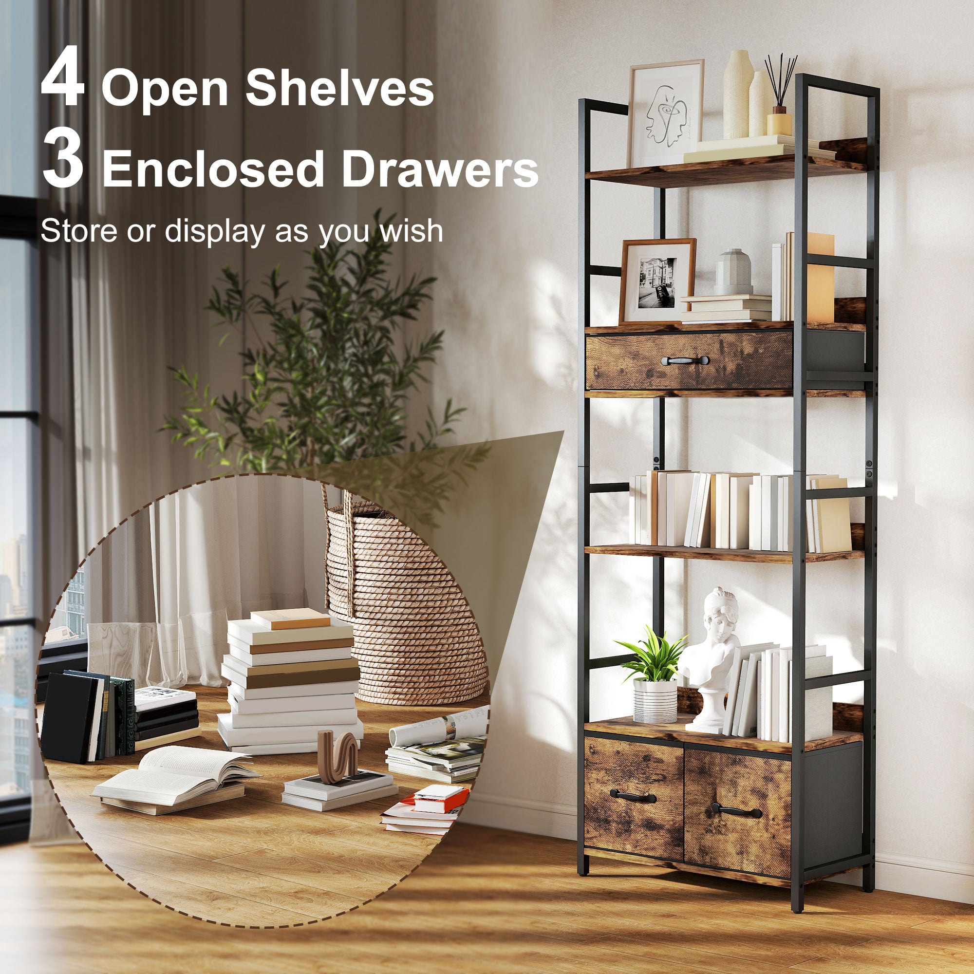 Industrial Style Bookcase, with 4 Shelves and 3 Fabric Drawers - Brown/Black