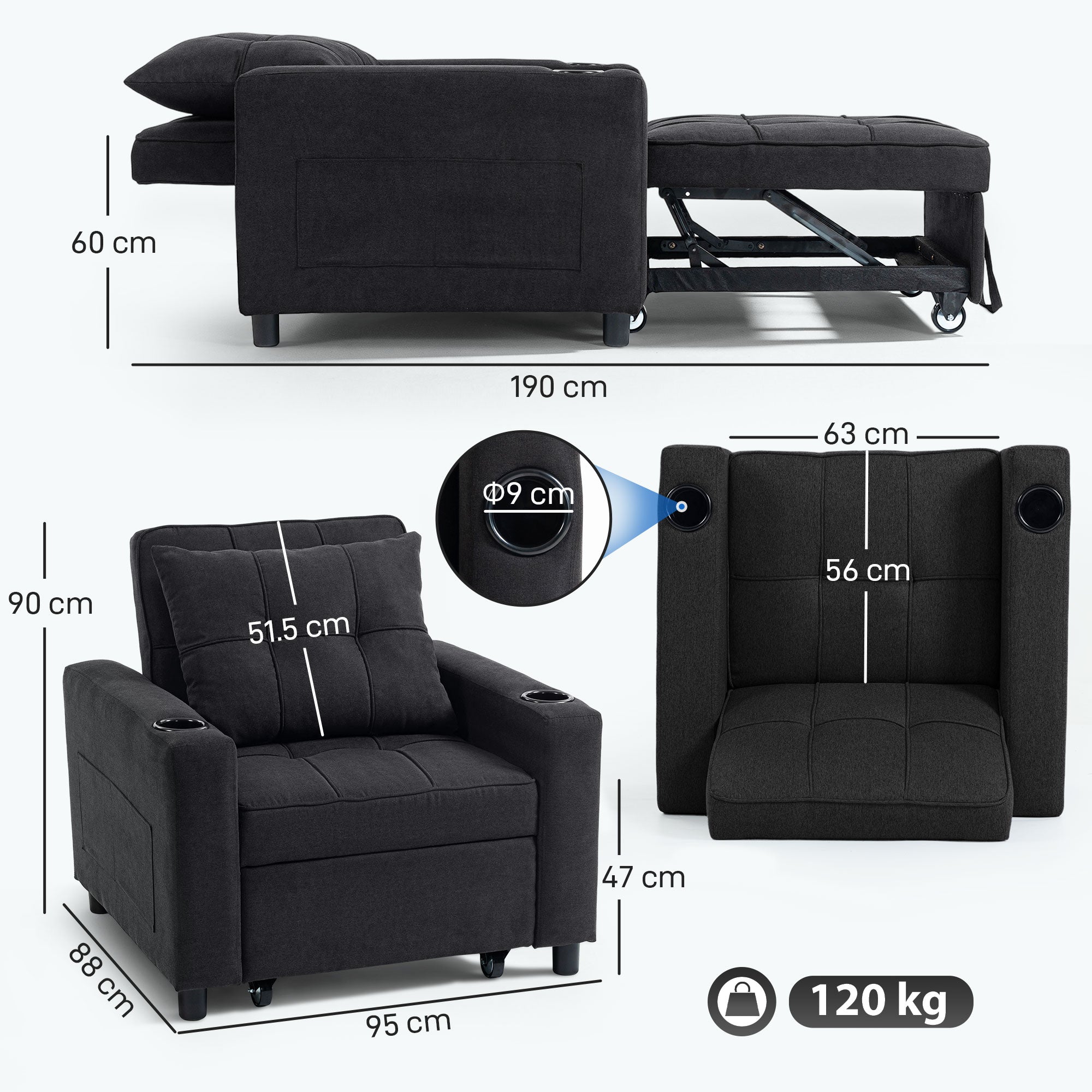 3-in-1 Single Sofa Bed, Convertible Sleeper Chair Bed - Black