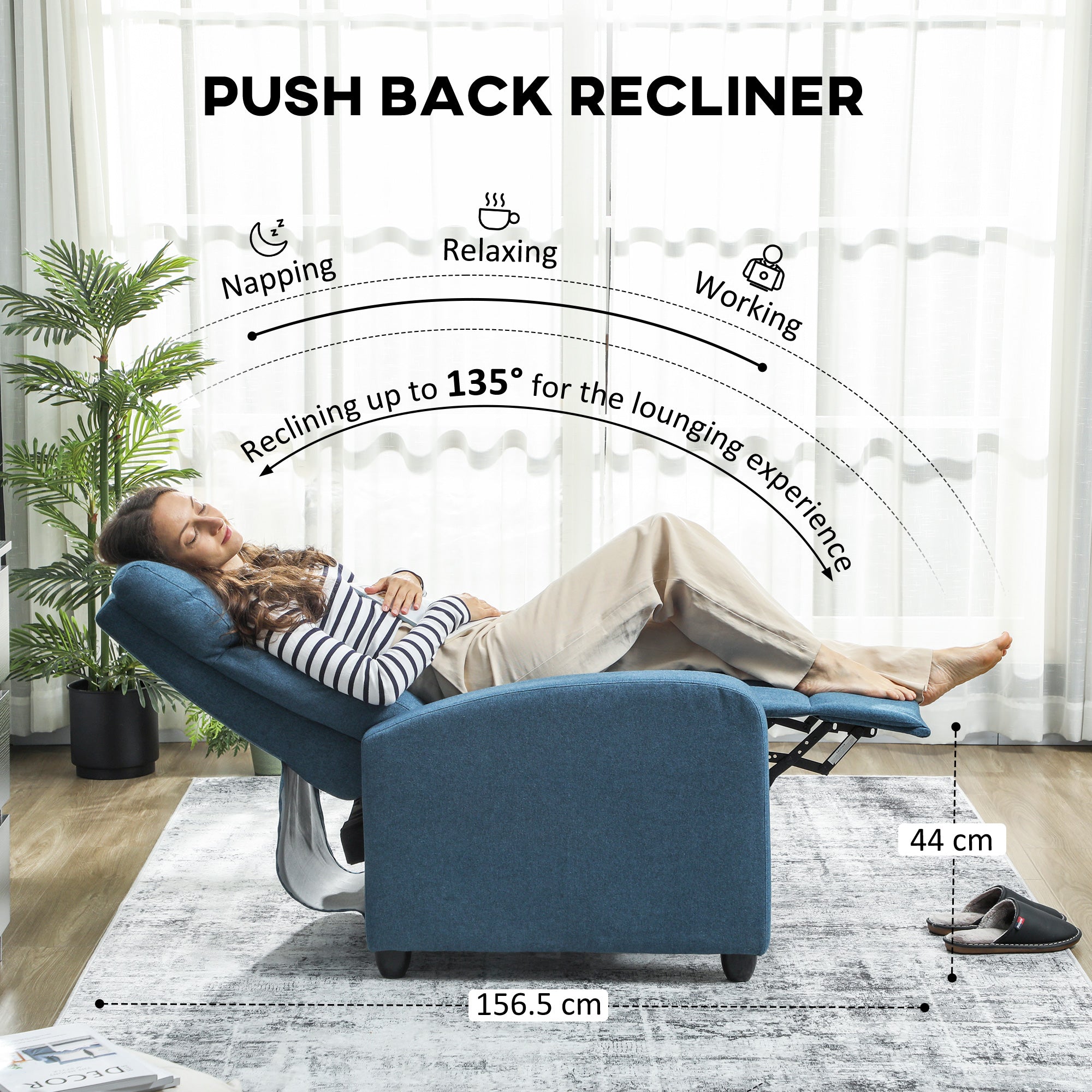 135Â° Push Back Recliner Armchair, with Footrest - Blue