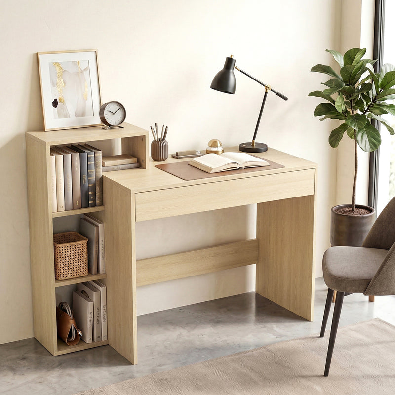 HOMCOM Desk with Storage, Computer Desk with 3 Open Shelves and Drawer, Workstation, Computer Table, Natural – view 9
