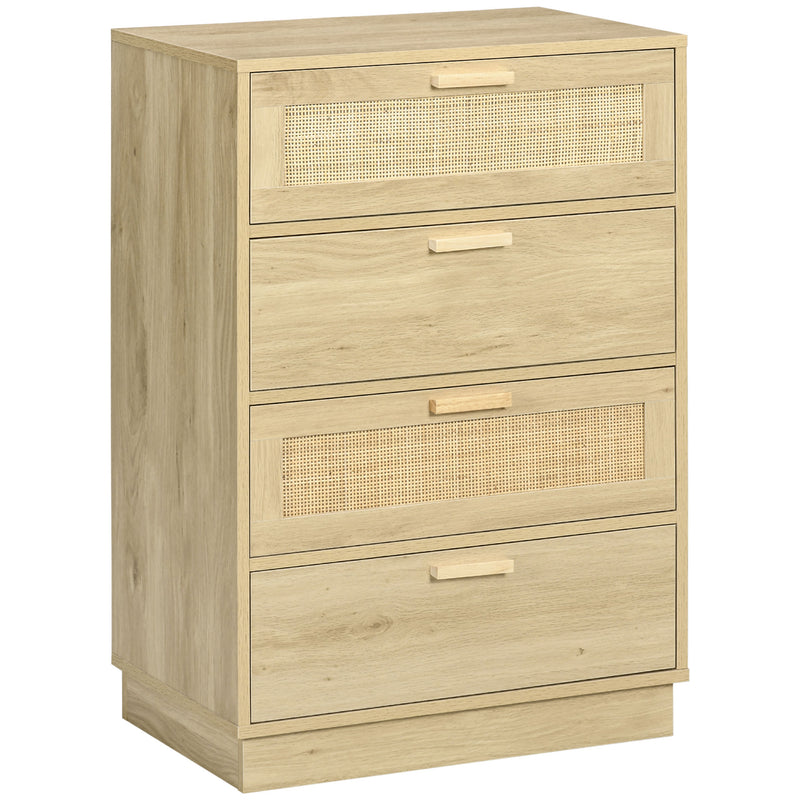 Natural wood-effect 4-drawer chest with rattan weave drawer panels