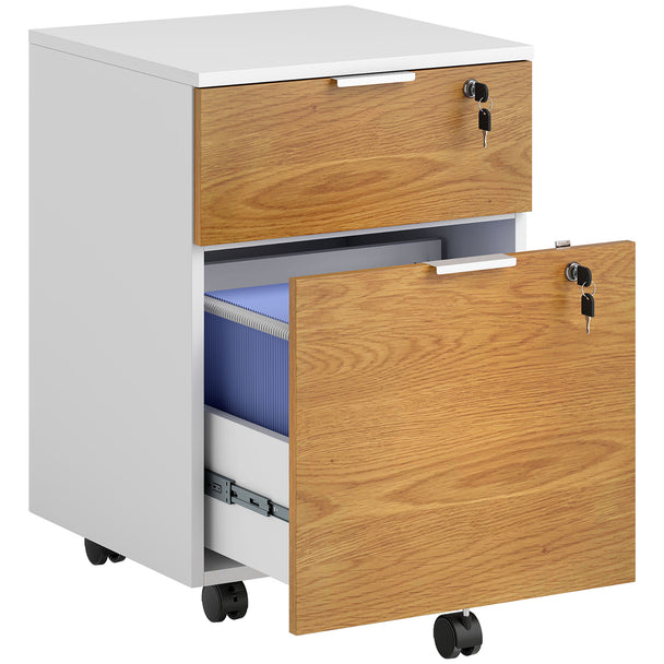 White mobile filing cabinet with two lockable natural wood-effect drawers on wheels