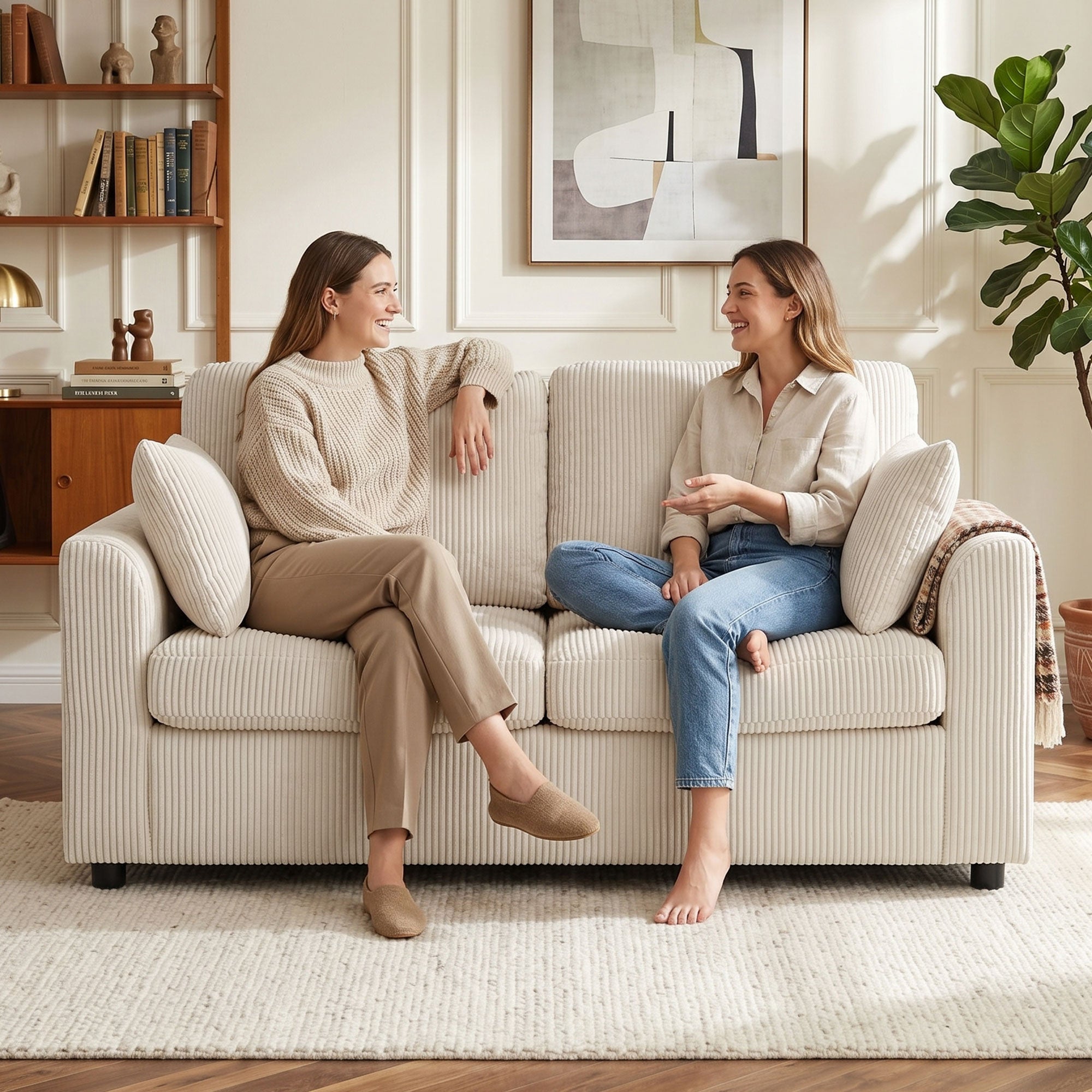 2 Seater Sofa, Corduroy Small Couch with Spring Cushion, Wide and Deep Seat, Beige