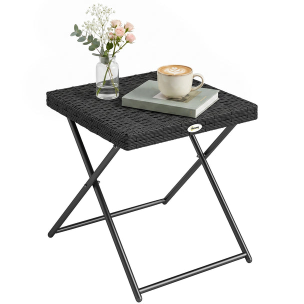 Black 40 cm square folding rattan side table with steel frame