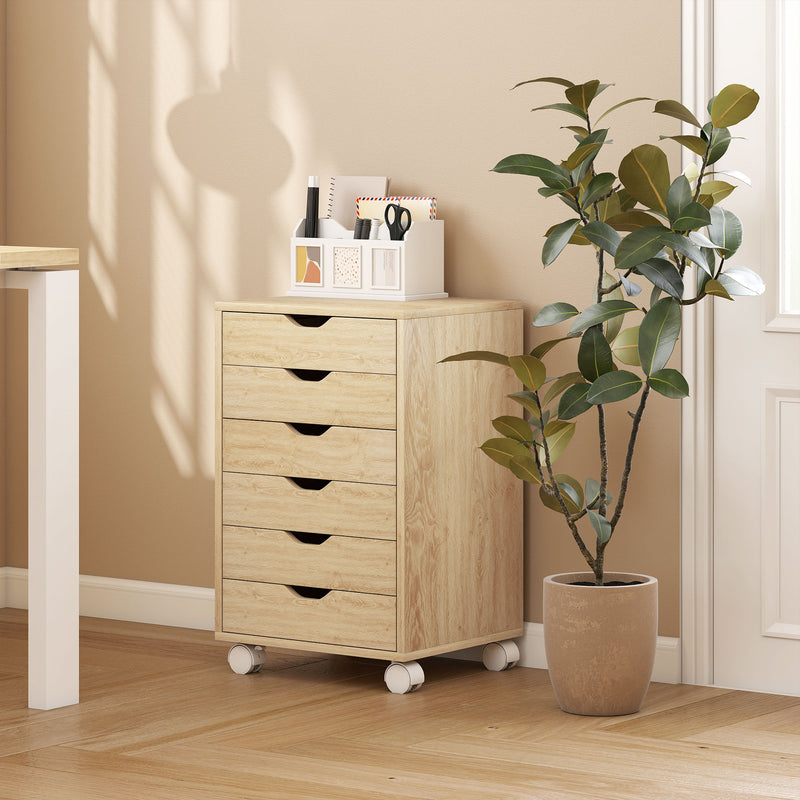 HOMCOM 6 Drawer Vertical File Cabinet, Mobile Filing Cabinet with Quiet Drawers and Wheels with 2 Brakes, Oak Wood – view 8