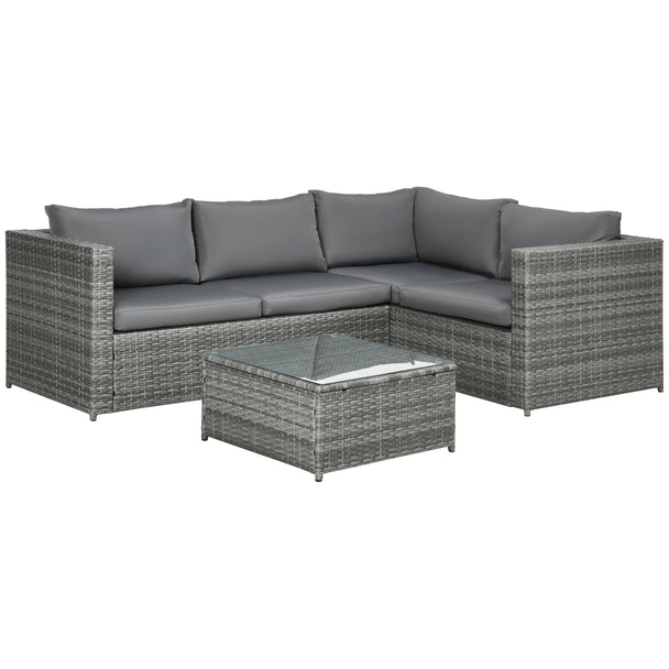 3-piece grey rattan corner sofa set seating four with glass-top coffee table