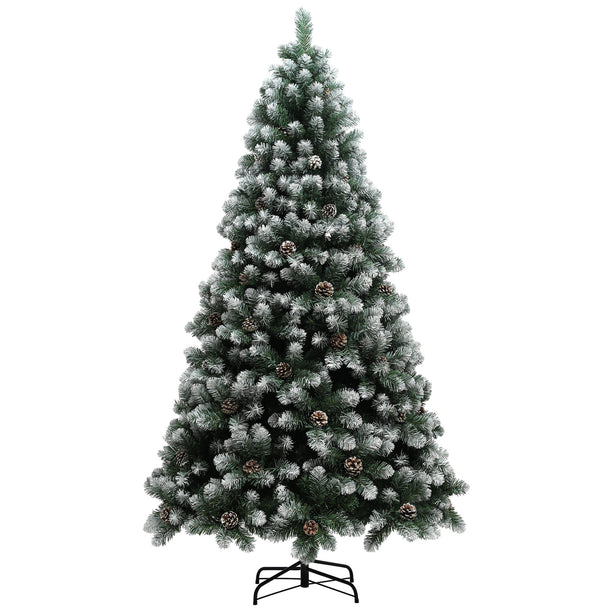 7ft bushy artificial pine Christmas tree with snow-dipped tips and pine cones