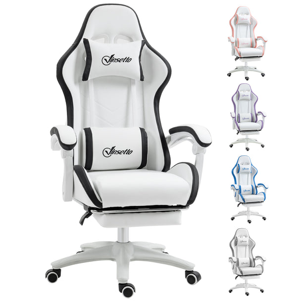 White faux leather racing gaming chair with black trim, headrest and lumbar pillows and pull-out footrest