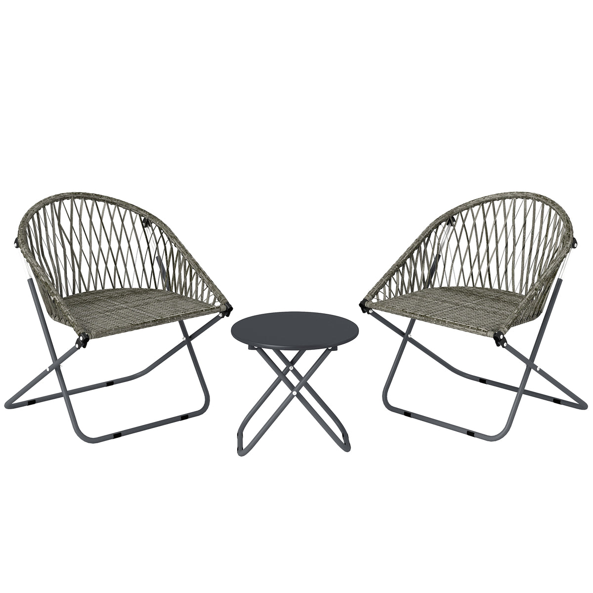 Grey folding rattan bistro set with two armchairs and round table