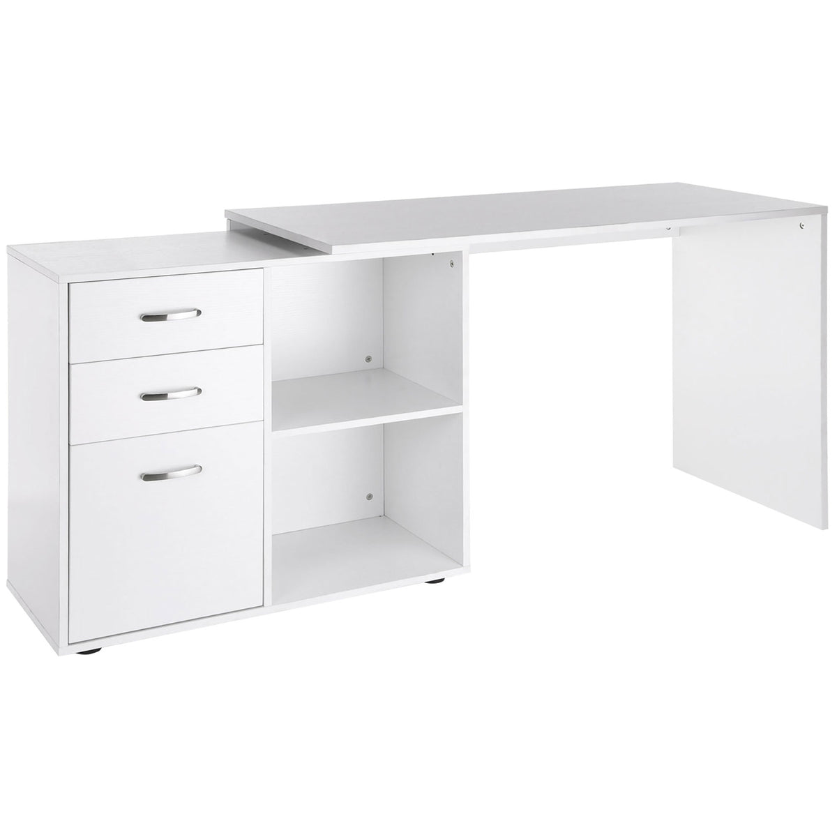 White reversible L-shaped computer desk with file cabinet, two drawers and open shelves