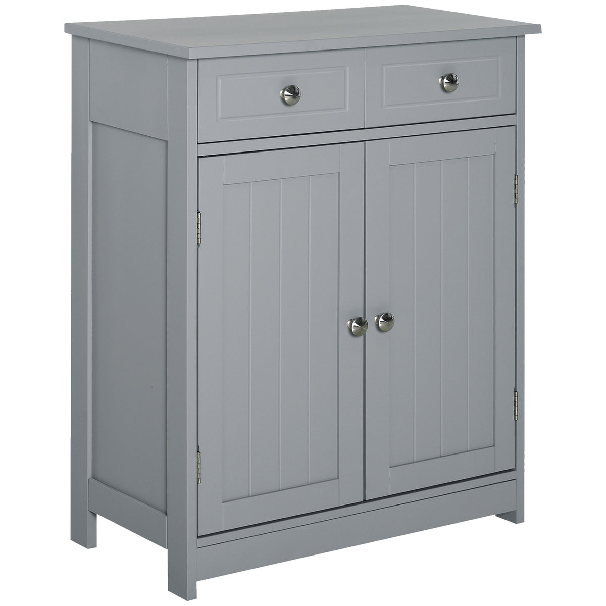 Grey traditional freestanding bathroom storage cabinet with two drawers, cupboard and metal handles